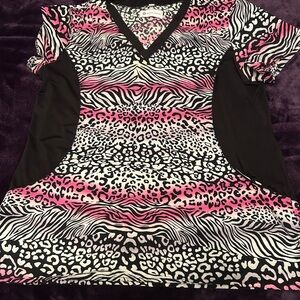 White Cross Pink and Black Patterned Short Sleeve stretchy sides scrub top
